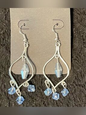 Bohemian Style Silver-Tone Drop Earrings with Pale Blue Crystal Accents